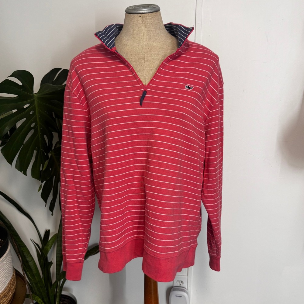 Vineyard Vines Quarter Zip Pullover Mens Large Red Striped Shep Shirt Cotton